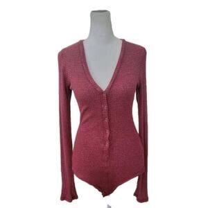 Free People Keep Your Cool Waffle Thermal Bodysuit Wild County‎ Pink Small